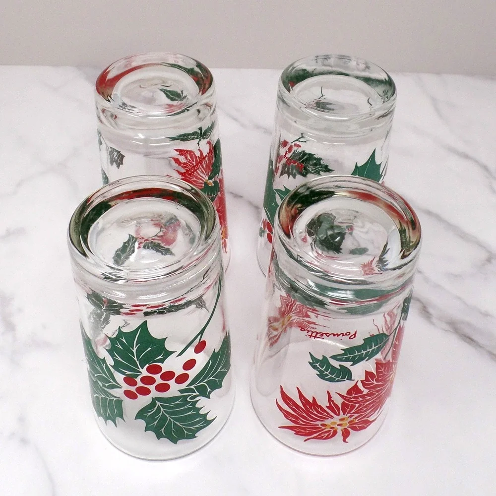 Vintage Christmas Glasses: Poinsettia & Holly - Set of 4 (1960s)